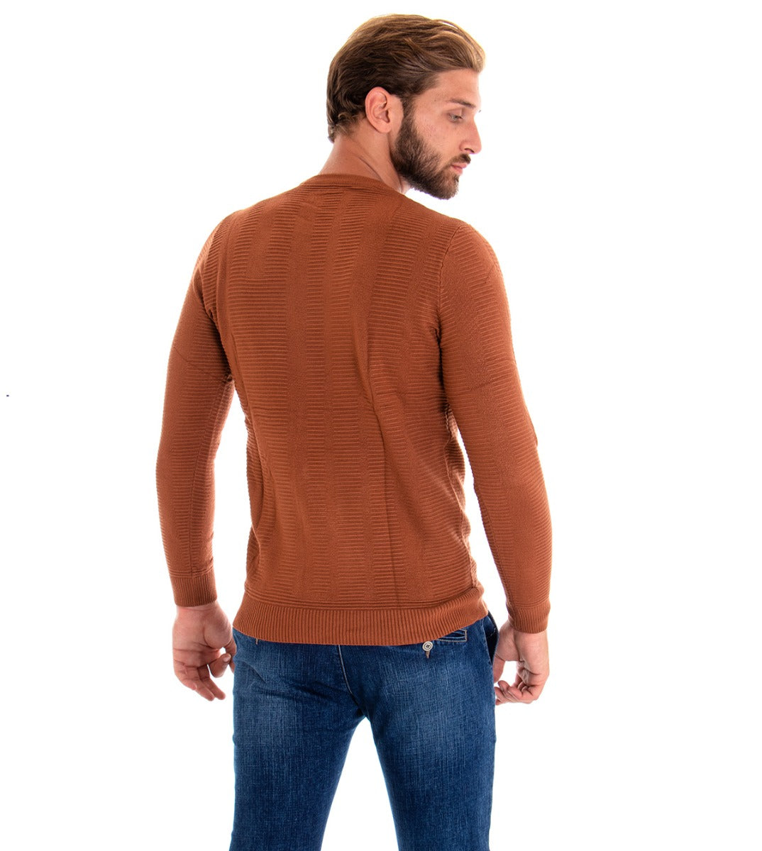 Maglioncino Uomo Maglia Girocollo Rigato Tabacco Basic GIOSAL-M2001A