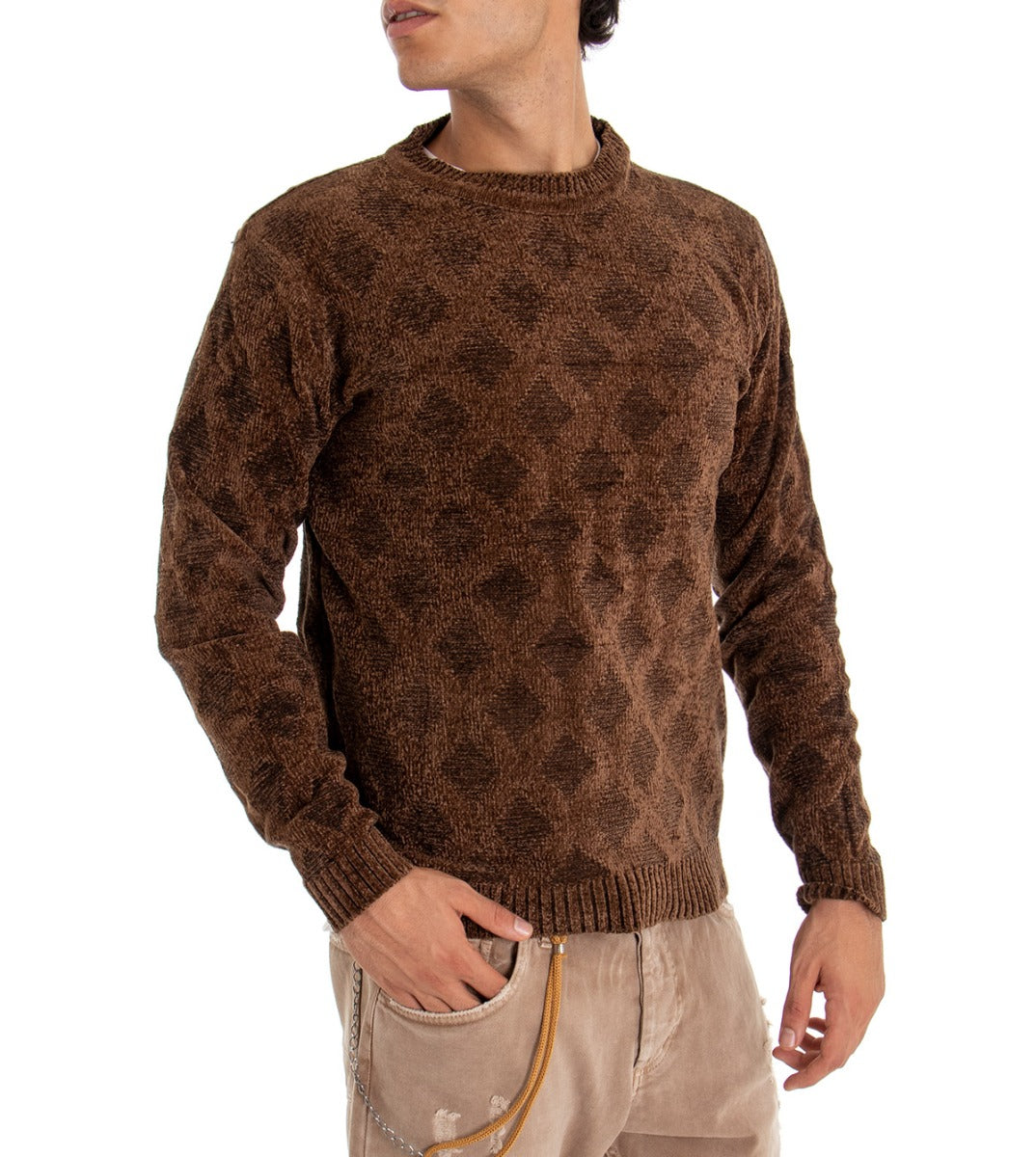 Maglioncino Uomo Maglia Girocollo Marrone Fantasia Rombi GIOSAL-M2065A
