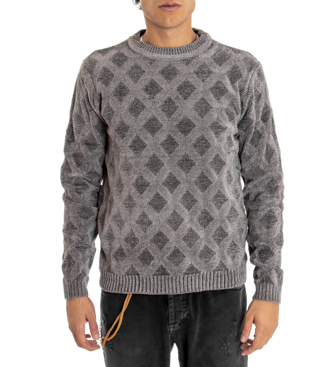 Maglioncino Uomo Maglia Girocollo Grigio Fantasia Rombi GIOSAL-M2066A