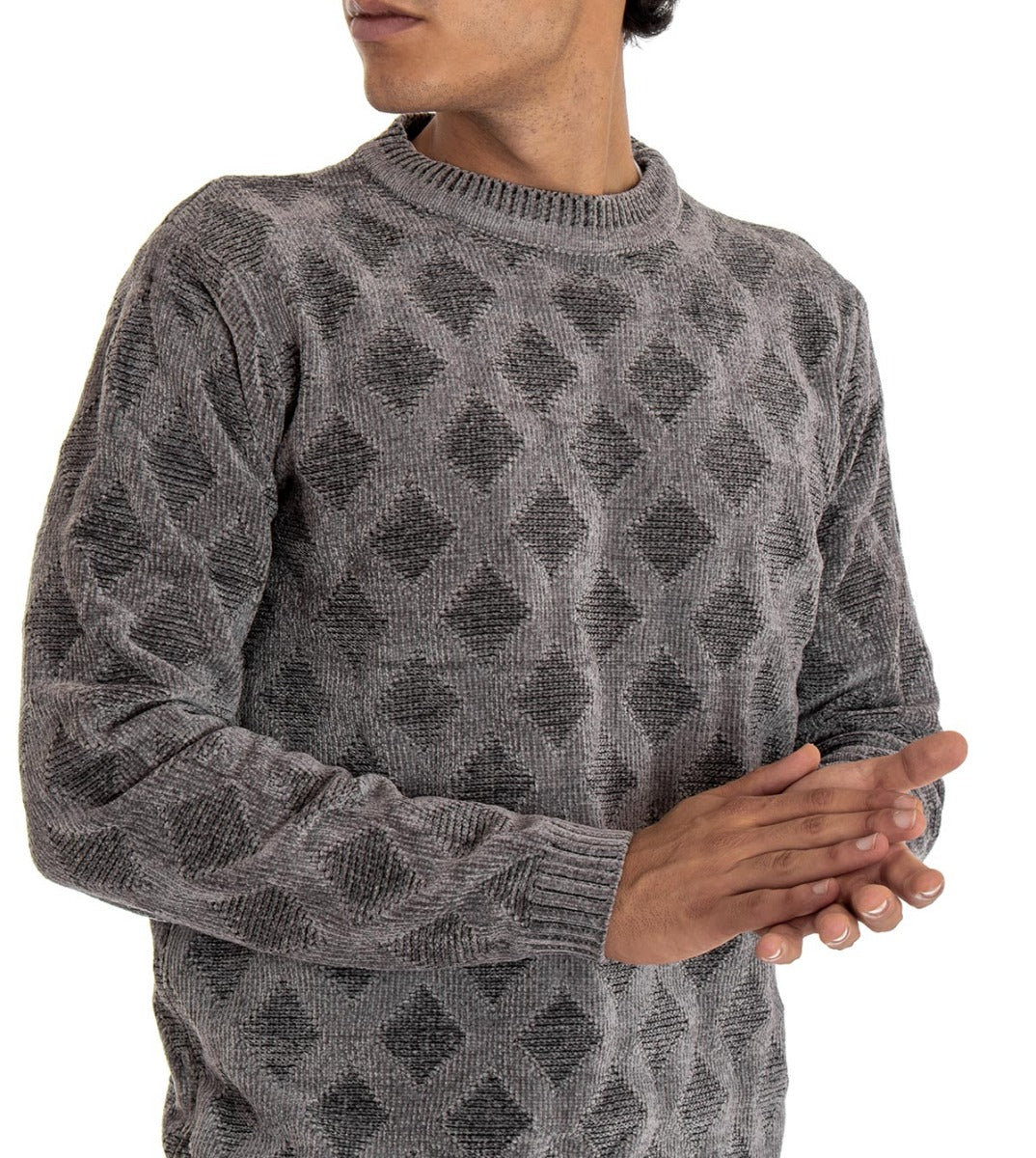 Maglioncino Uomo Maglia Girocollo Grigio Fantasia Rombi GIOSAL-M2066A