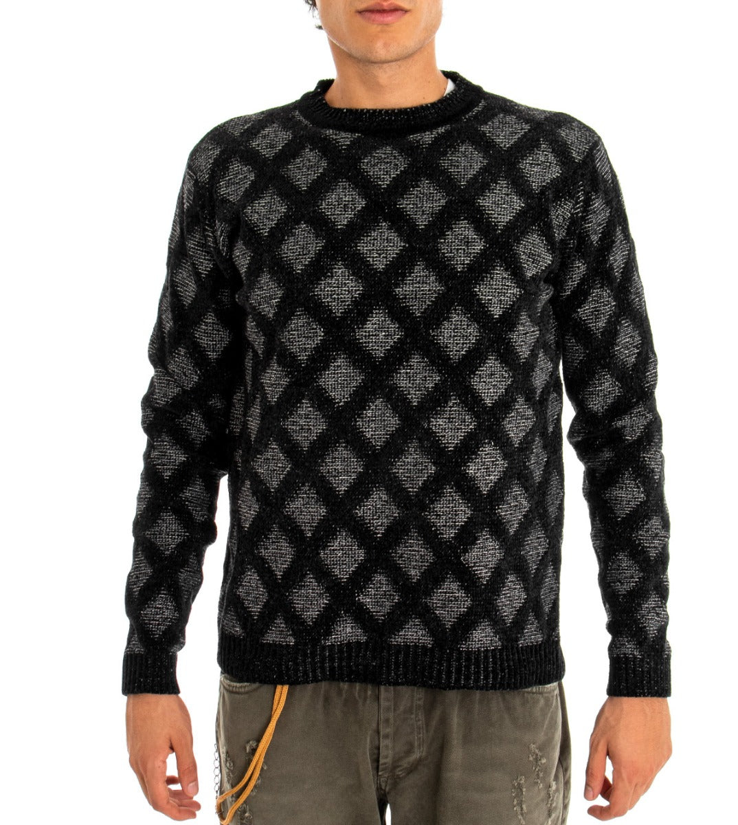 Maglioncino Uomo Maglia Girocollo Nero Fantasia Rombi GIOSAL-M2067A