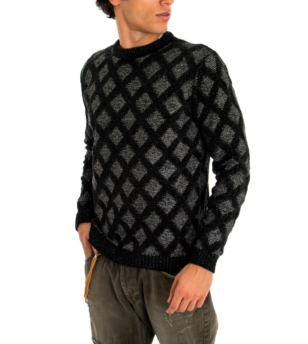Maglioncino Uomo Maglia Girocollo Nero Fantasia Rombi GIOSAL-M2067A