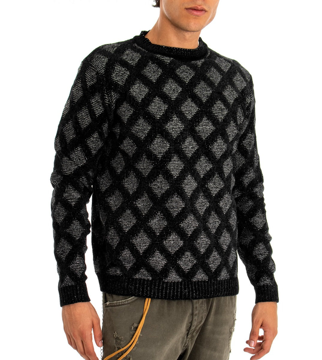 Maglioncino Uomo Maglia Girocollo Nero Fantasia Rombi GIOSAL-M2067A