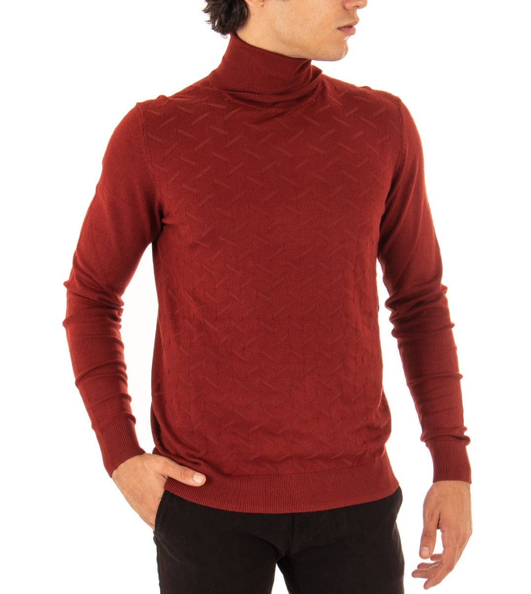 Maglioncino Uomo Maglia Collo Alto Tinta Unita Mattone Dolcevita Microfantasia GIOSAL-M2125A