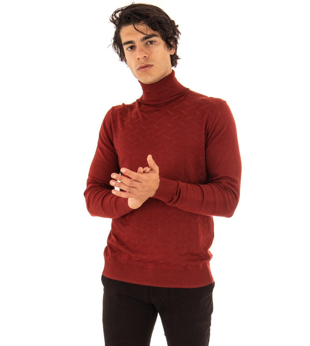 Maglioncino Uomo Maglia Collo Alto Tinta Unita Mattone Dolcevita Microfantasia GIOSAL-M2125A