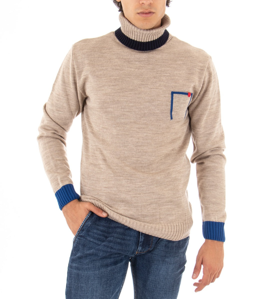 Maglioncino Uomo Maglia Melangiata Collo Alto Beige Dolcevita GIOSAL-M2145A