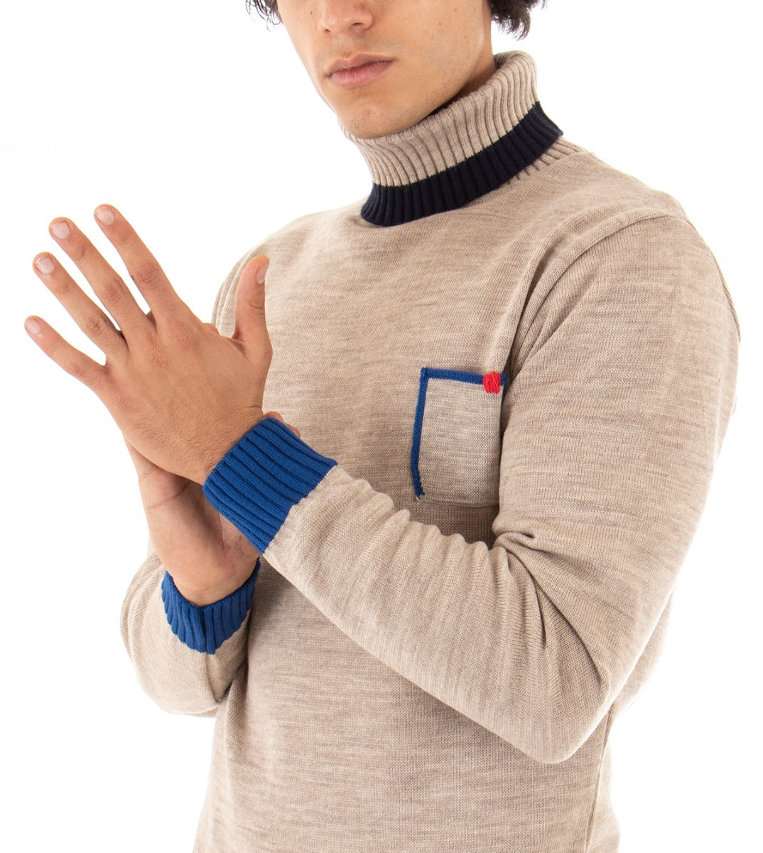 Maglioncino Uomo Maglia Melangiata Collo Alto Beige Dolcevita GIOSAL-M2145A