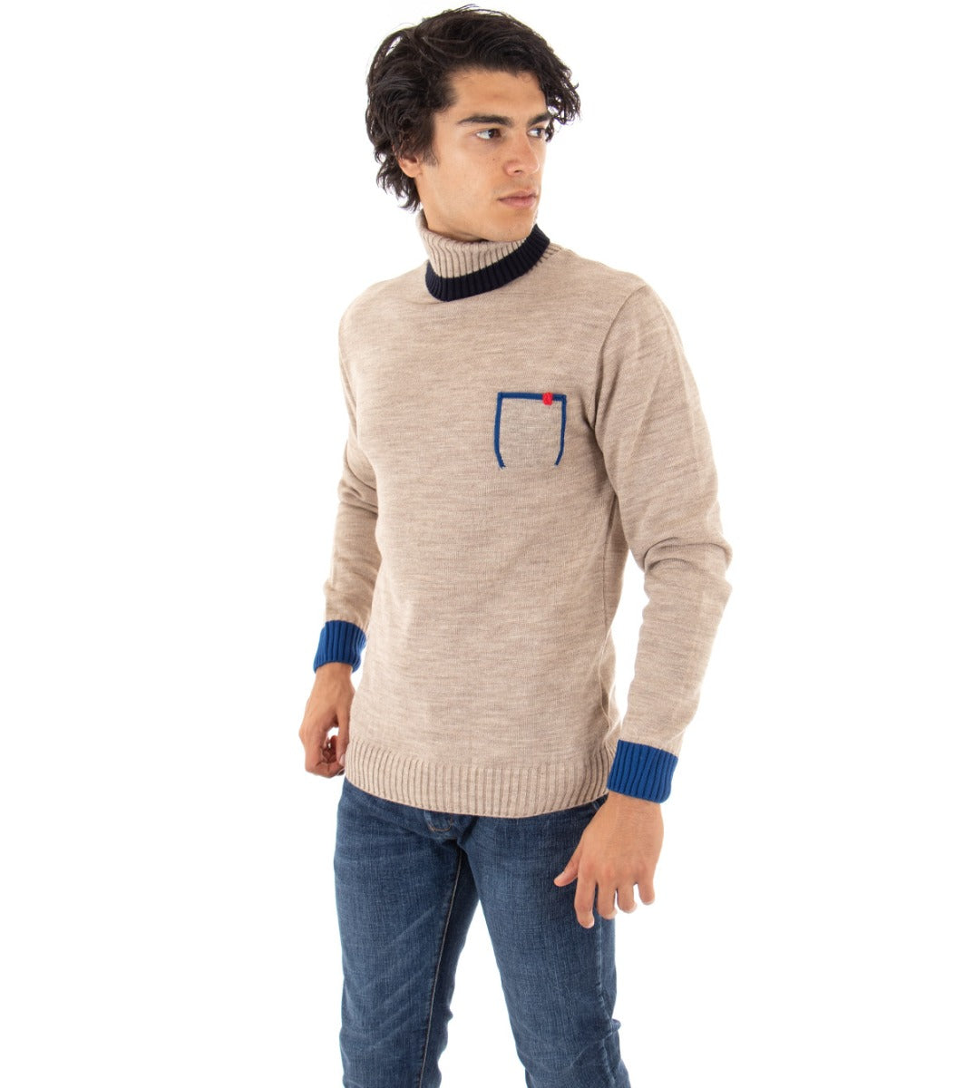 Maglioncino Uomo Maglia Melangiata Collo Alto Beige Dolcevita GIOSAL-M2145A
