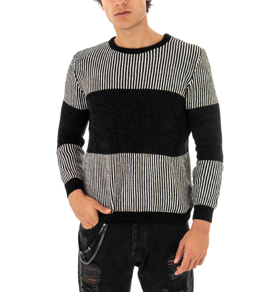 Maglioncino Uomo Maglia Girocollo Bicolore Nero Bianco Rigato Ciniglia GIOSAL-M2151A