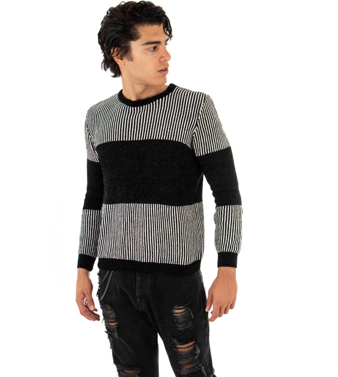 Maglioncino Uomo Maglia Girocollo Bicolore Nero Bianco Rigato Ciniglia GIOSAL-M2151A