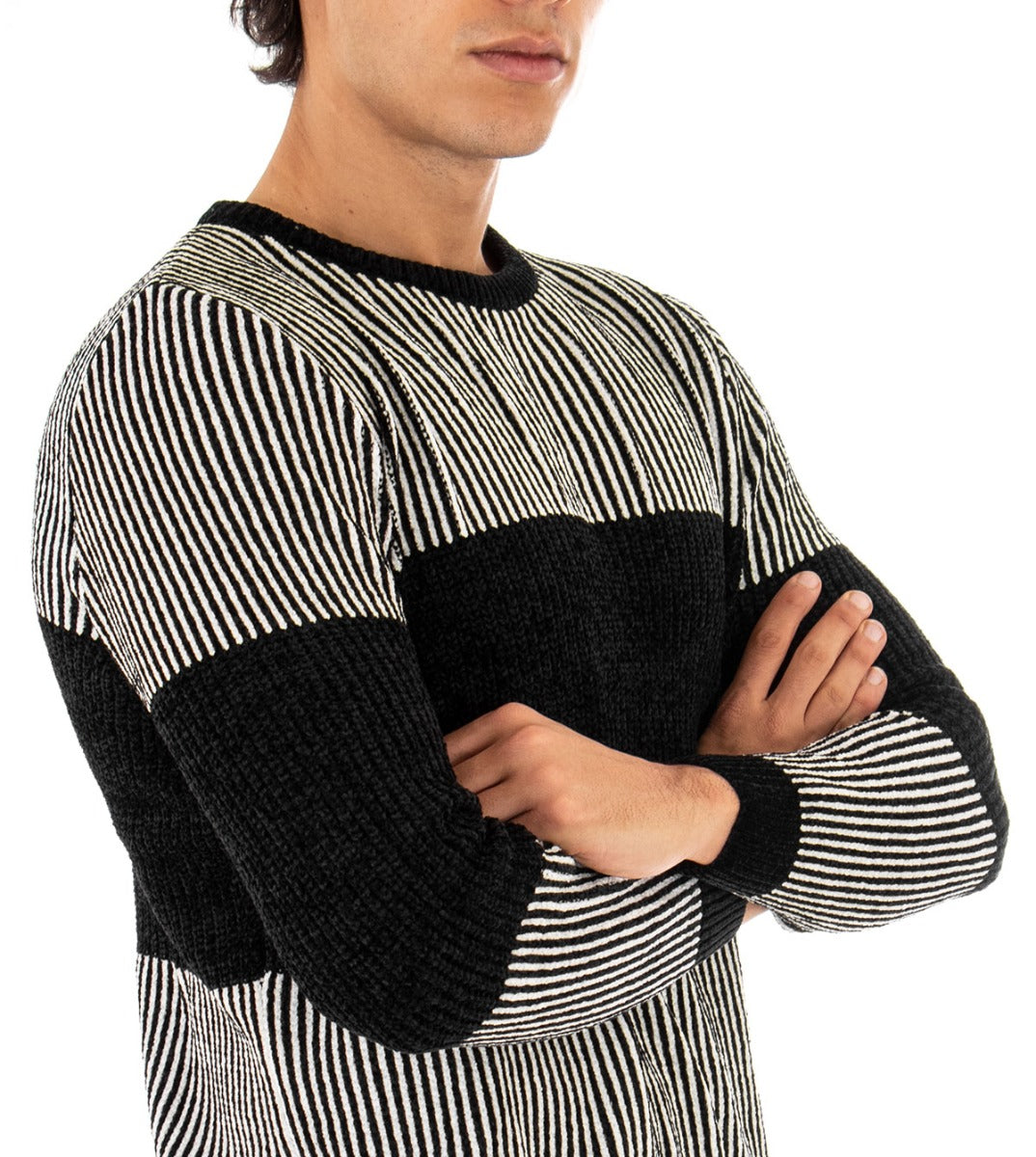 Maglioncino Uomo Maglia Girocollo Bicolore Nero Bianco Rigato Ciniglia GIOSAL-M2151A
