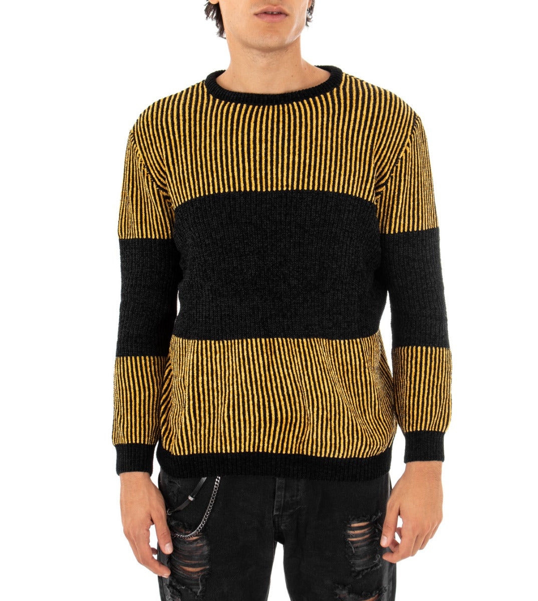 Maglioncino Uomo Maglia Girocollo Bicolore Nero Giallo Rigato Ciniglia GIOSAL-M2152A