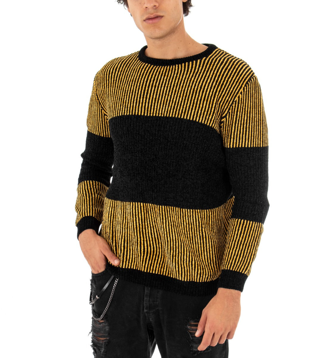 Maglioncino Uomo Maglia Girocollo Bicolore Nero Giallo Rigato Ciniglia GIOSAL-M2152A