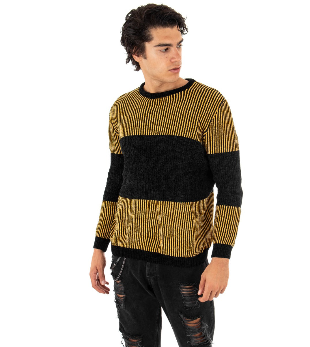 Maglioncino Uomo Maglia Girocollo Bicolore Nero Giallo Rigato Ciniglia GIOSAL-M2152A