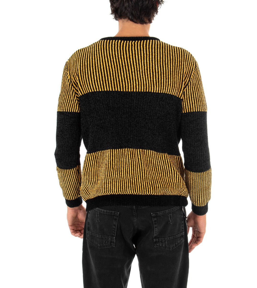 Maglioncino Uomo Maglia Girocollo Bicolore Nero Giallo Rigato Ciniglia GIOSAL-M2152A