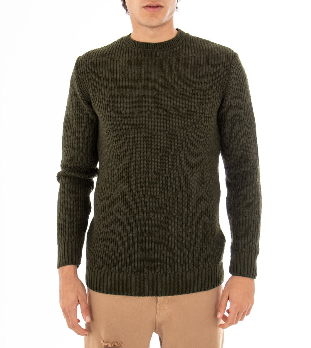 Maglioncino Uomo Maglia Girocollo Pullover Basic Maglia Inglese Trecce Verde GIOSAL-M2154A