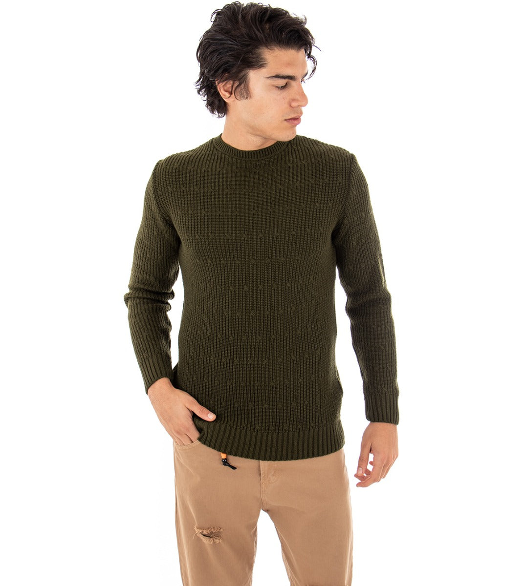 Maglioncino Uomo Maglia Girocollo Pullover Basic Maglia Inglese Trecce Verde GIOSAL-M2154A