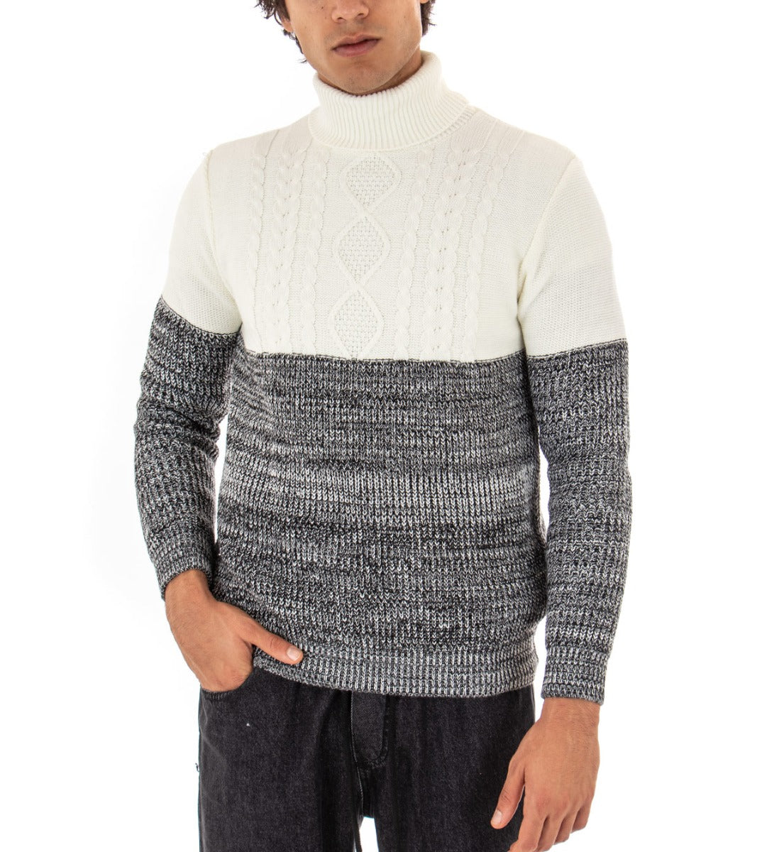 Maglioncino Uomo Maglia Collo Alto Bicolore Nero Bianco Dolcevita Trecce GIOSAL-M2155A