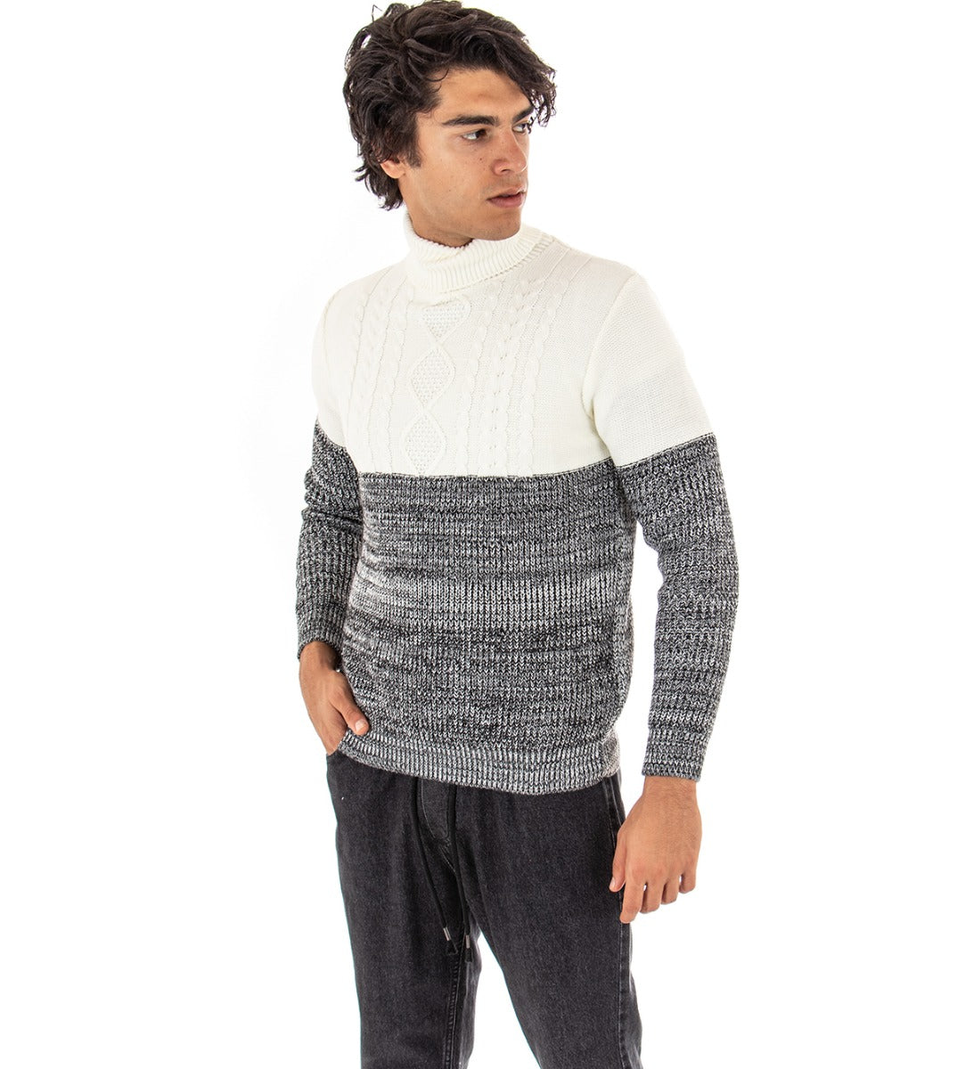 Maglioncino Uomo Maglia Collo Alto Bicolore Nero Bianco Dolcevita Trecce GIOSAL-M2155A