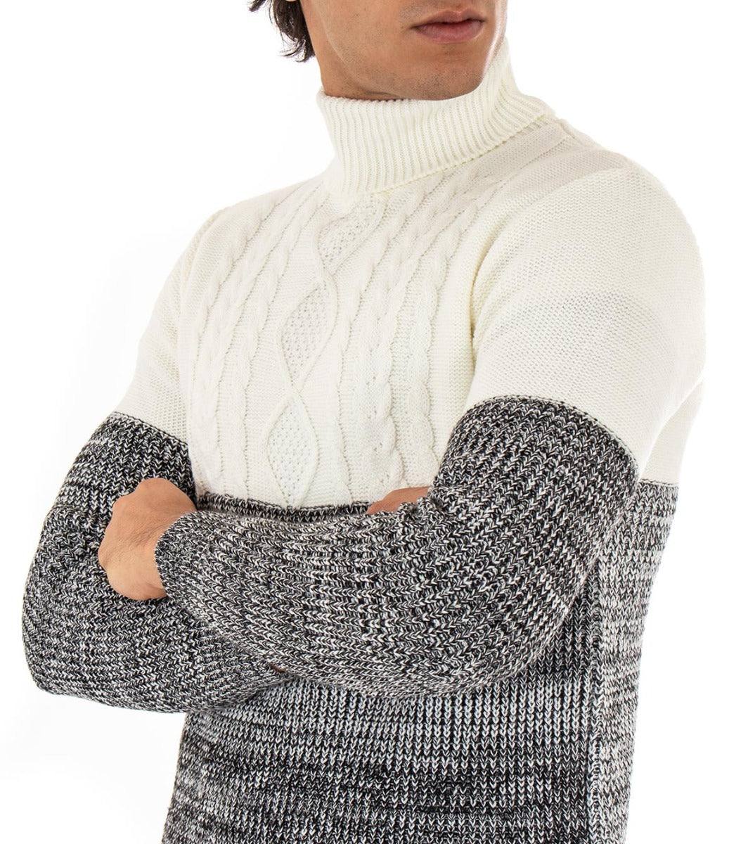 Maglioncino Uomo Maglia Collo Alto Bicolore Nero Bianco Dolcevita Trecce GIOSAL-M2155A