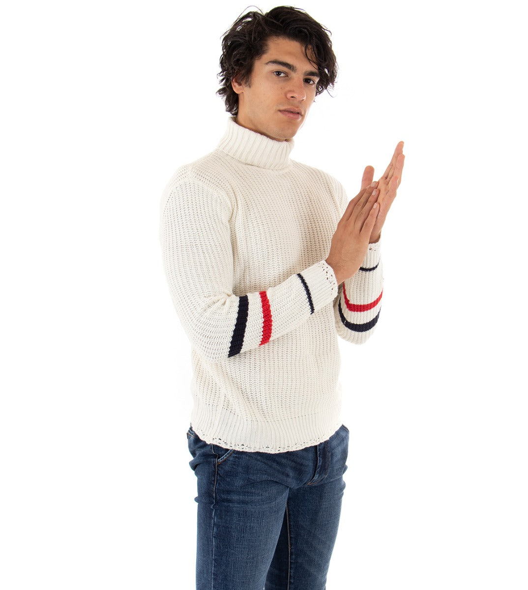 Maglioncino Uomo Collo Alto Bianco Dolcevita Pullover Maglia Inglese GIOSAL-M2162A