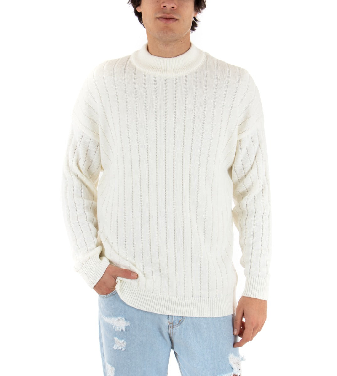 Maglioncino Uomo Mezzo Collo Tinta Unita Bianco Costine Righe Maglia Spalla Scesa GIOSAL-M2172A