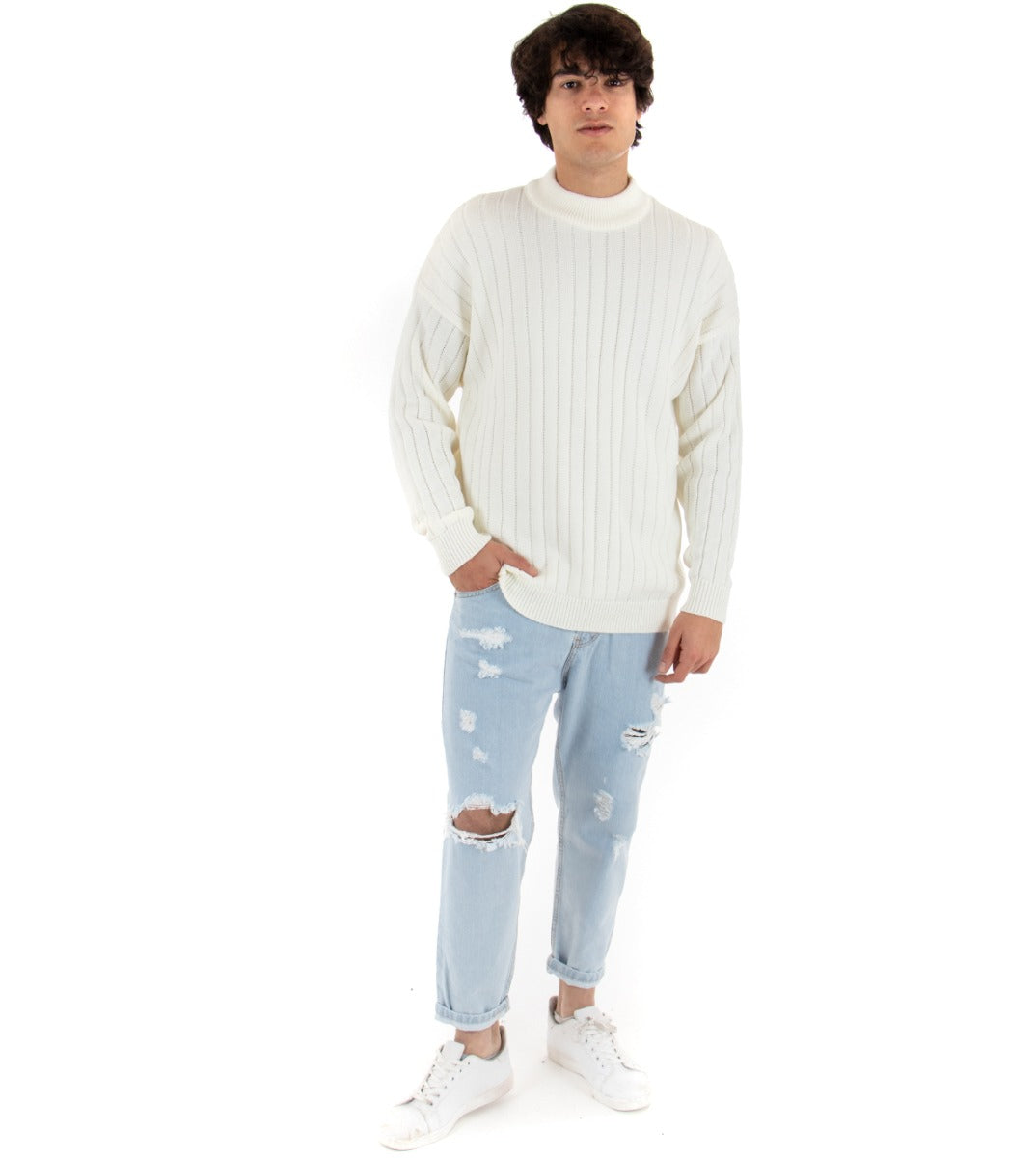 Maglioncino Uomo Mezzo Collo Tinta Unita Bianco Costine Righe Maglia Spalla Scesa GIOSAL-M2172A