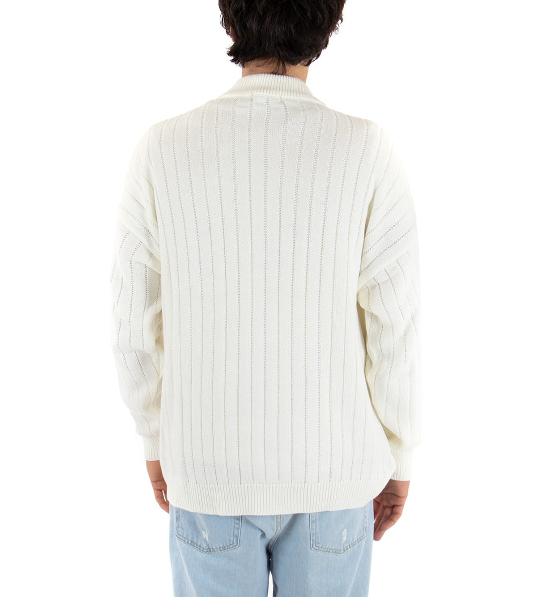 Maglioncino Uomo Mezzo Collo Tinta Unita Bianco Costine Righe Maglia Spalla Scesa GIOSAL-M2172A