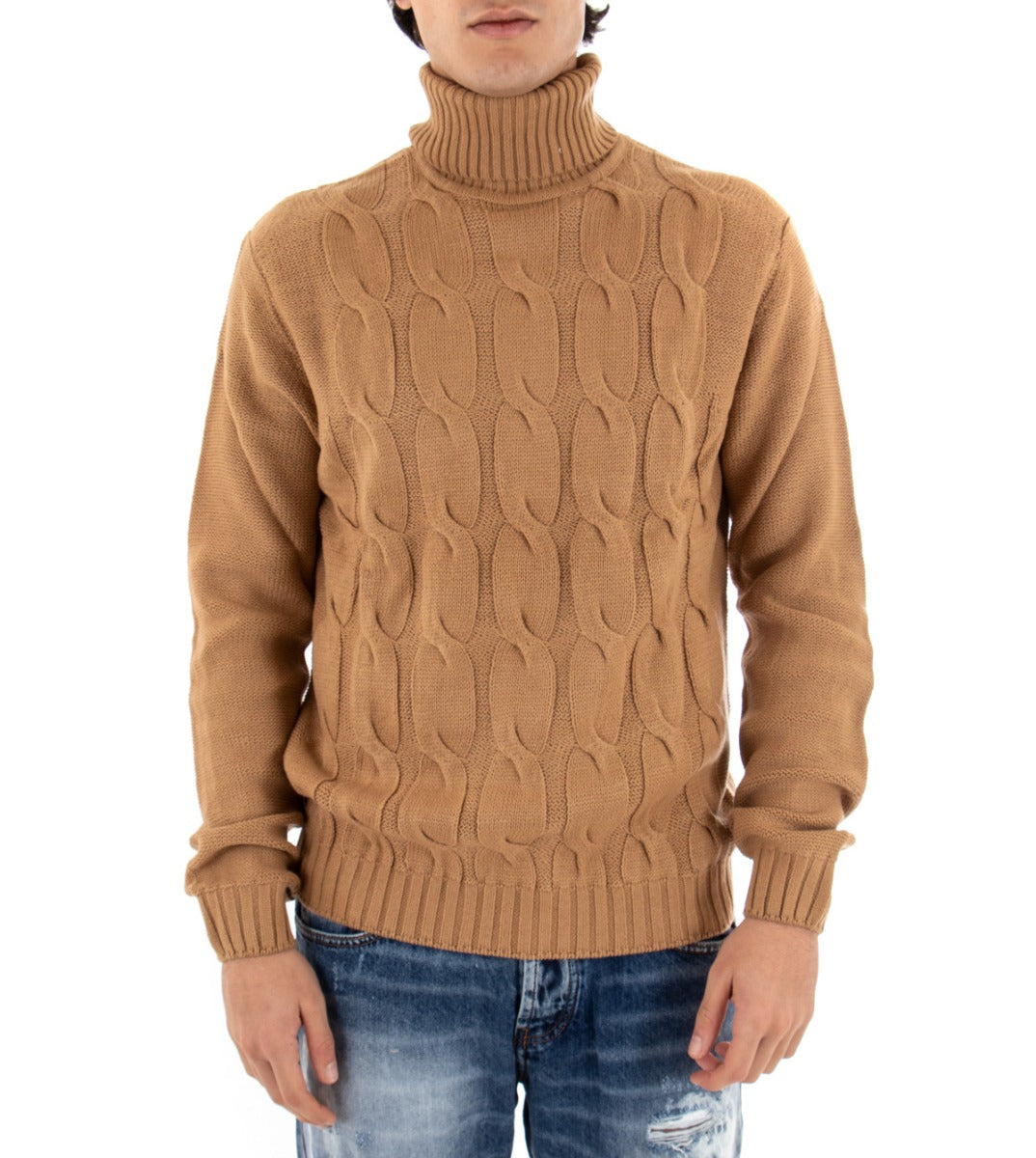 Maglioncino Uomo Dolcevita Maglia Tinta Unita Camel Trecce Collo Alto Pullover GIOSAL-M2175A