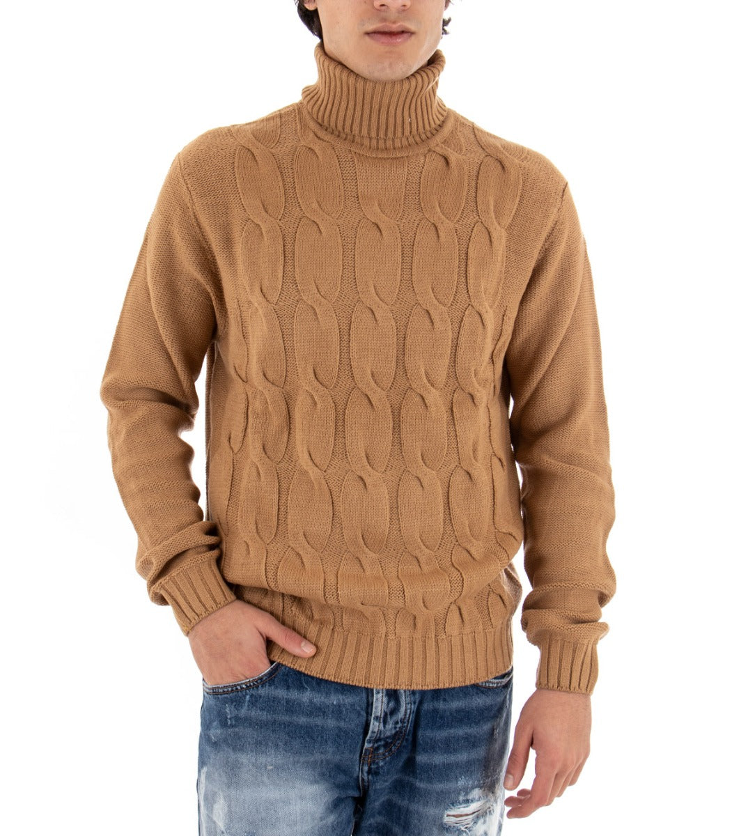 Maglioncino Uomo Dolcevita Maglia Tinta Unita Camel Trecce Collo Alto Pullover GIOSAL-M2175A