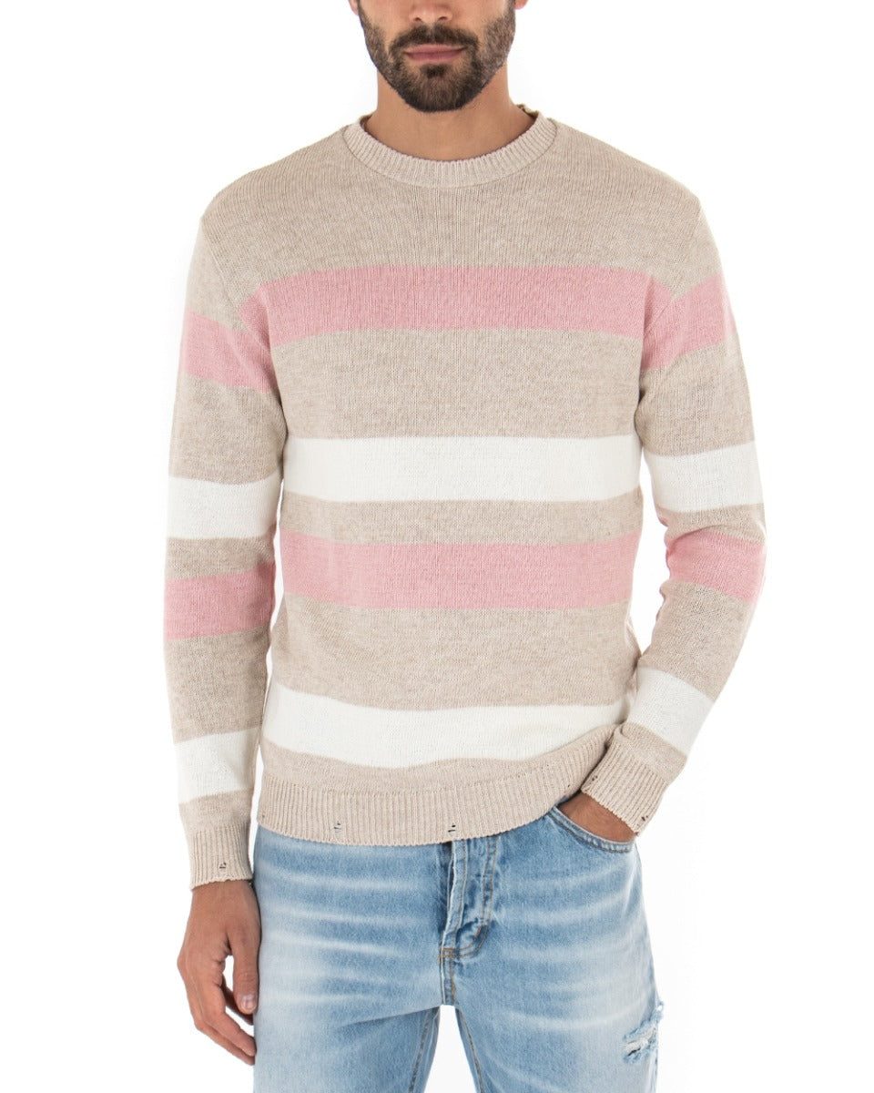 Maglioncino Uomo Girocollo Rigato Beige Maglia Con Rotture GIOSAL-M2189A