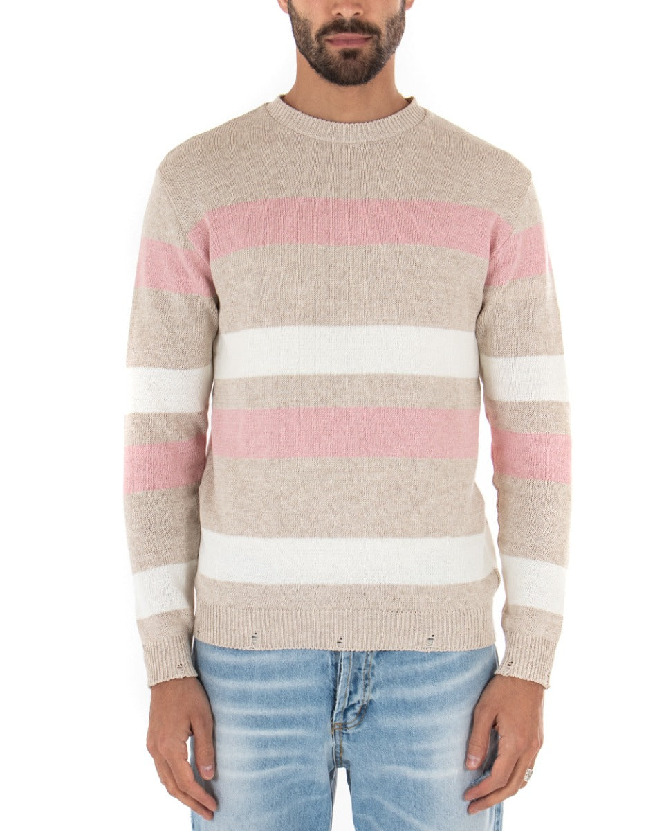 Maglioncino Uomo Girocollo Rigato Beige Maglia Con Rotture GIOSAL-M2189A