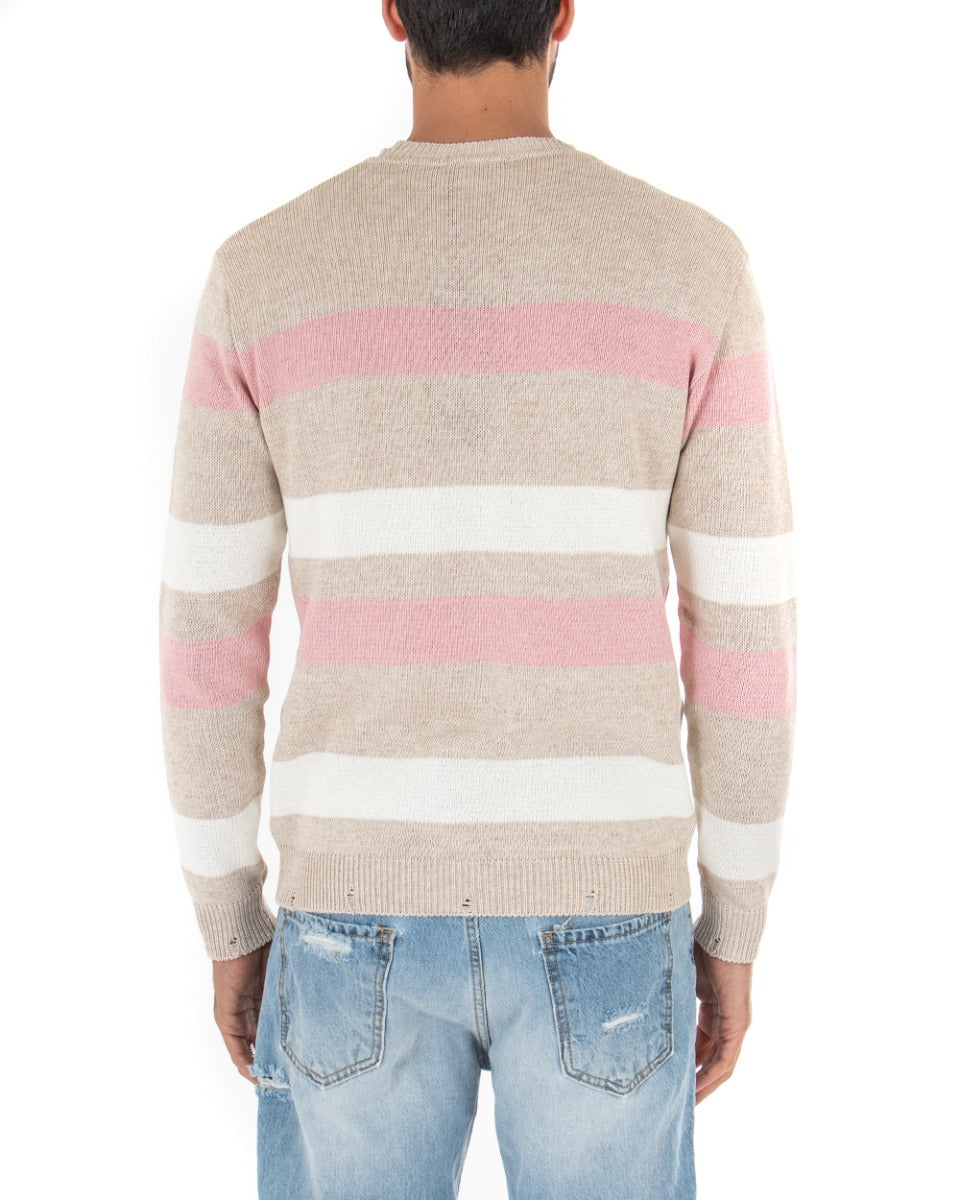 Maglioncino Uomo Girocollo Rigato Beige Maglia Con Rotture GIOSAL-M2189A
