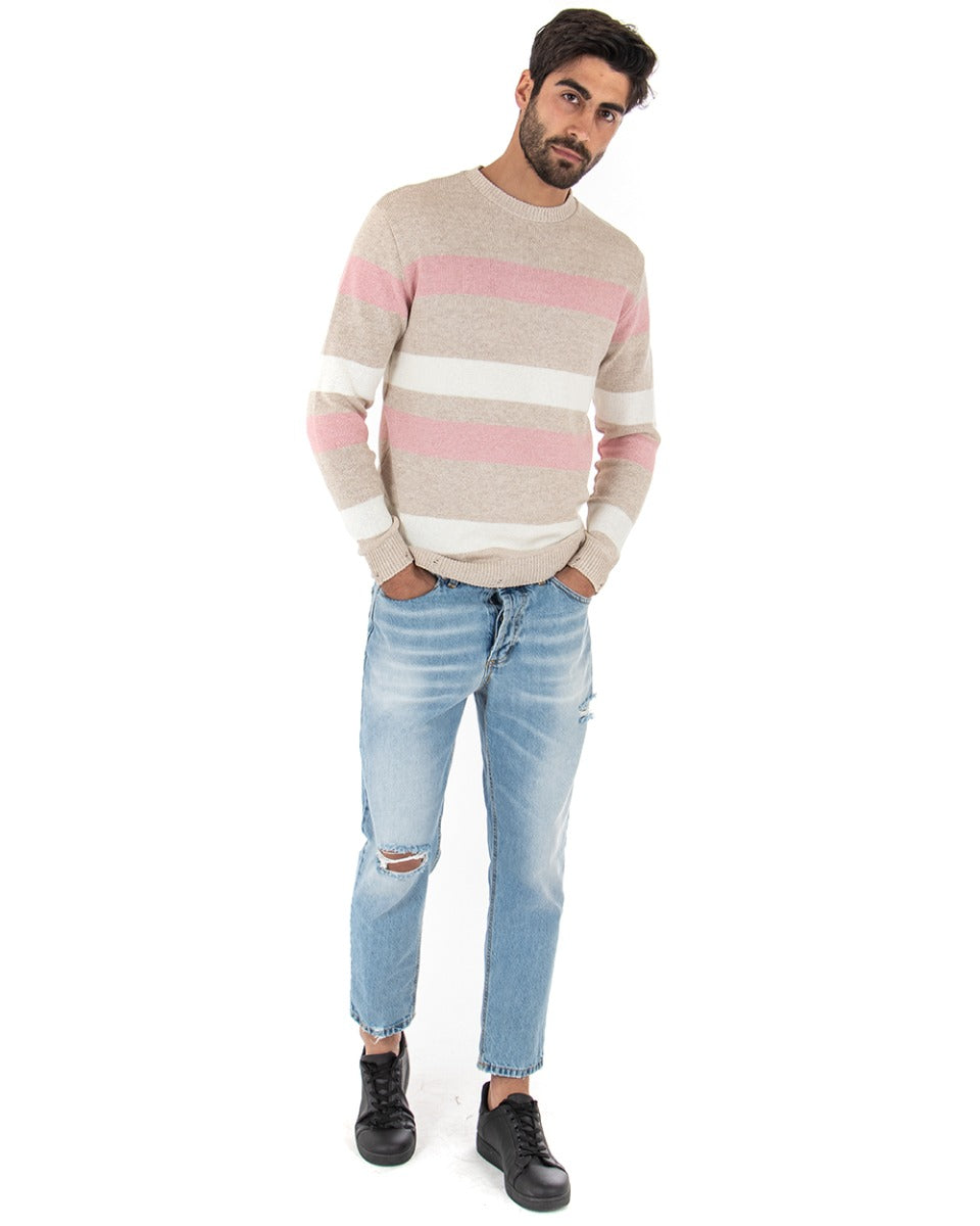 Maglioncino Uomo Girocollo Rigato Beige Maglia Con Rotture GIOSAL-M2189A