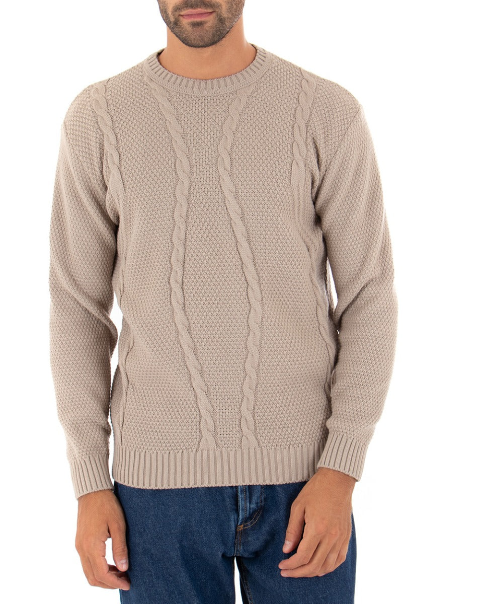 Maglioncino Uomo Girocollo Tinta Unita Beige Maglia Con Trecce GIOSAL-M2255A