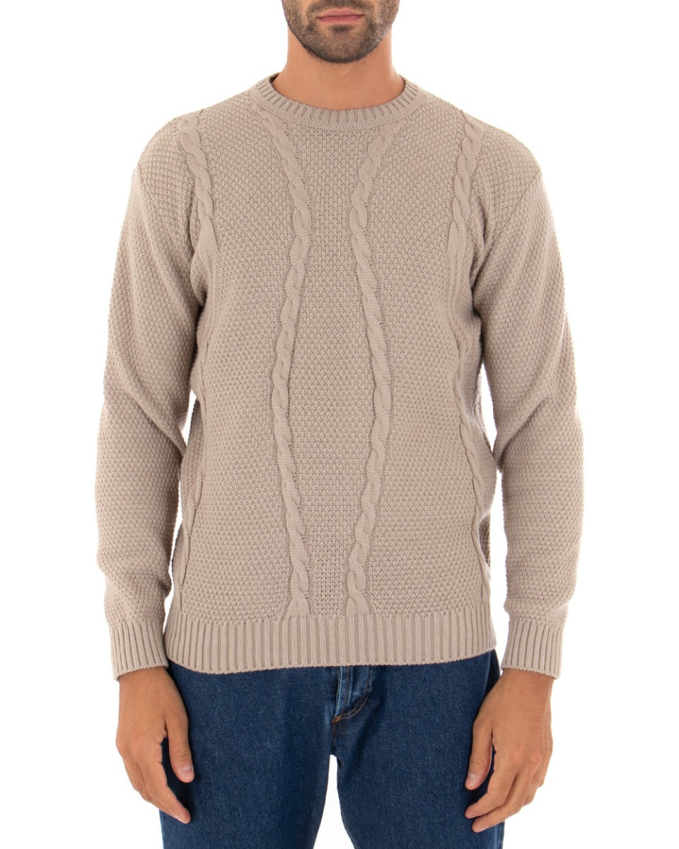 Maglioncino Uomo Girocollo Tinta Unita Beige Maglia Con Trecce GIOSAL-M2255A