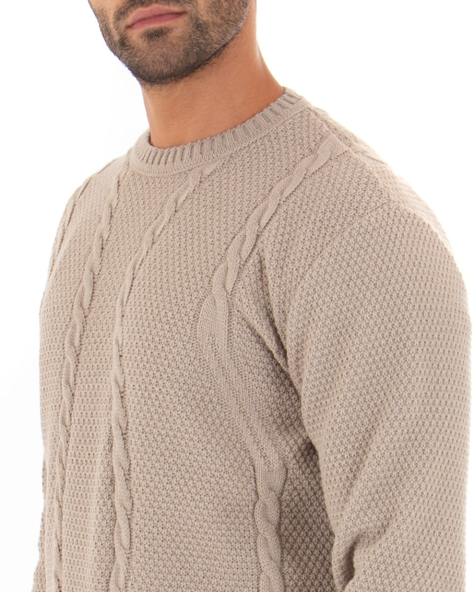 Maglioncino Uomo Girocollo Tinta Unita Beige Maglia Con Trecce GIOSAL-M2255A