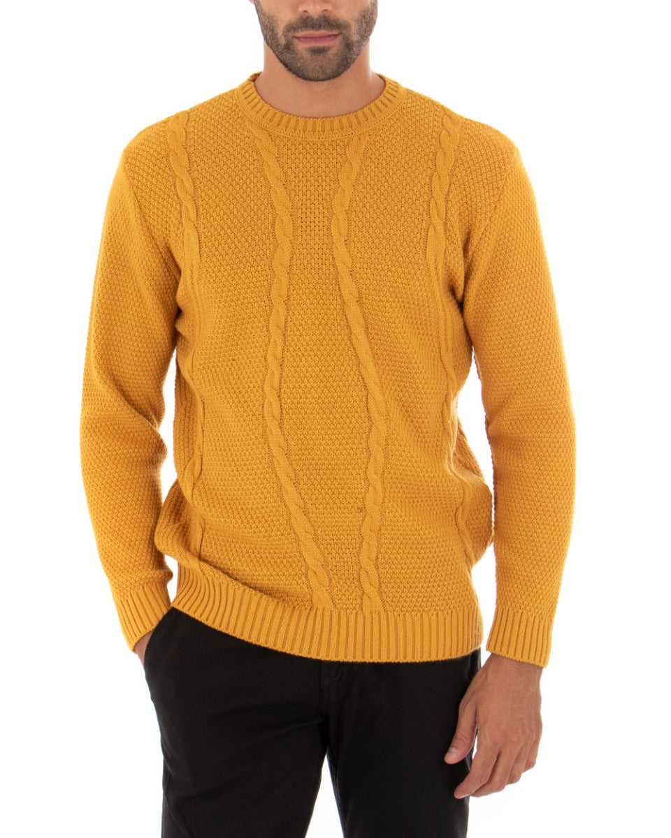 Maglioncino Uomo Girocollo Tinta Unita Senape Maglia Con Trecce GIOSAL-M2257A