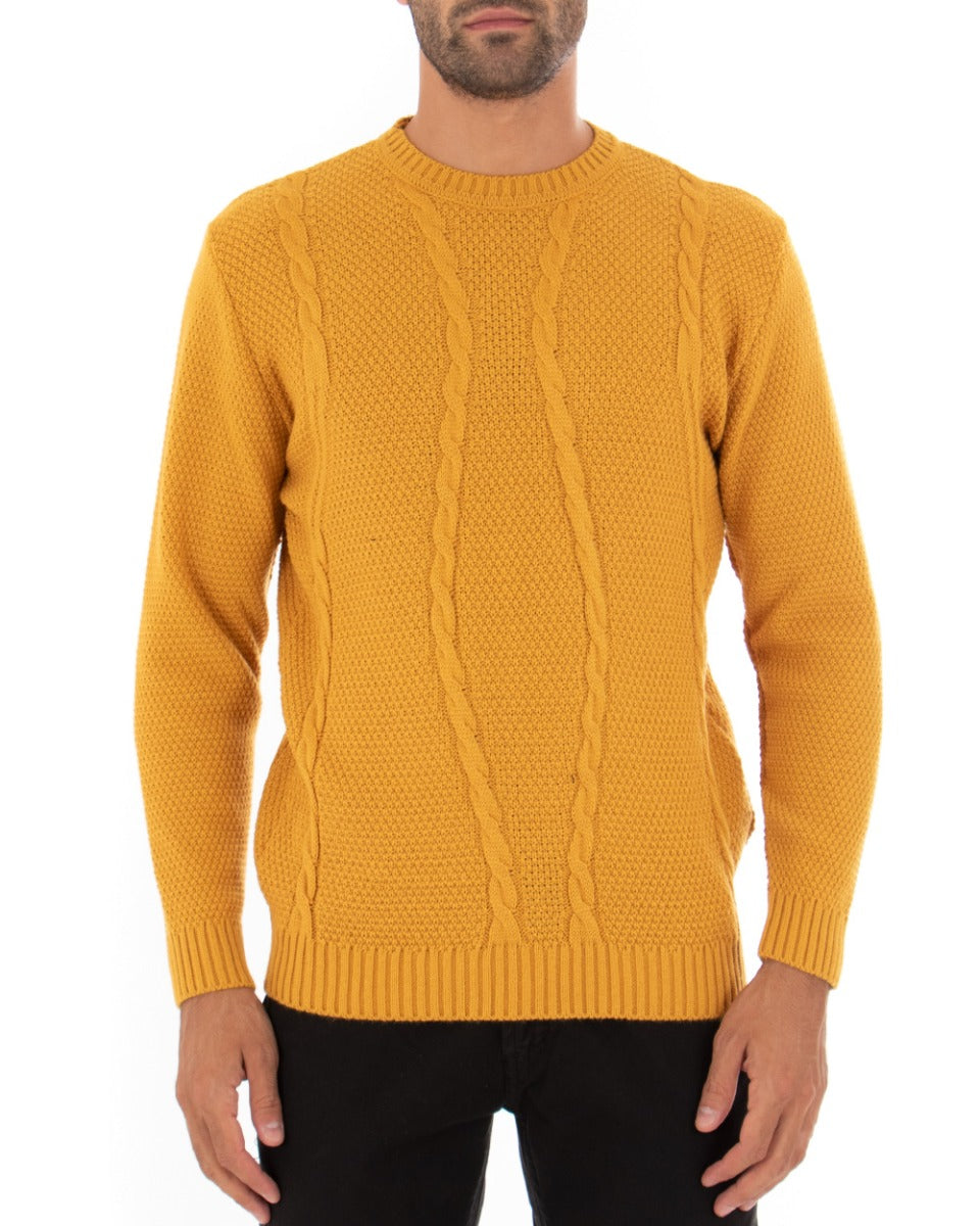 Maglioncino Uomo Girocollo Tinta Unita Senape Maglia Con Trecce GIOSAL-M2257A