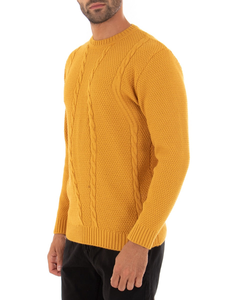 Maglioncino Uomo Girocollo Tinta Unita Senape Maglia Con Trecce GIOSAL-M2257A