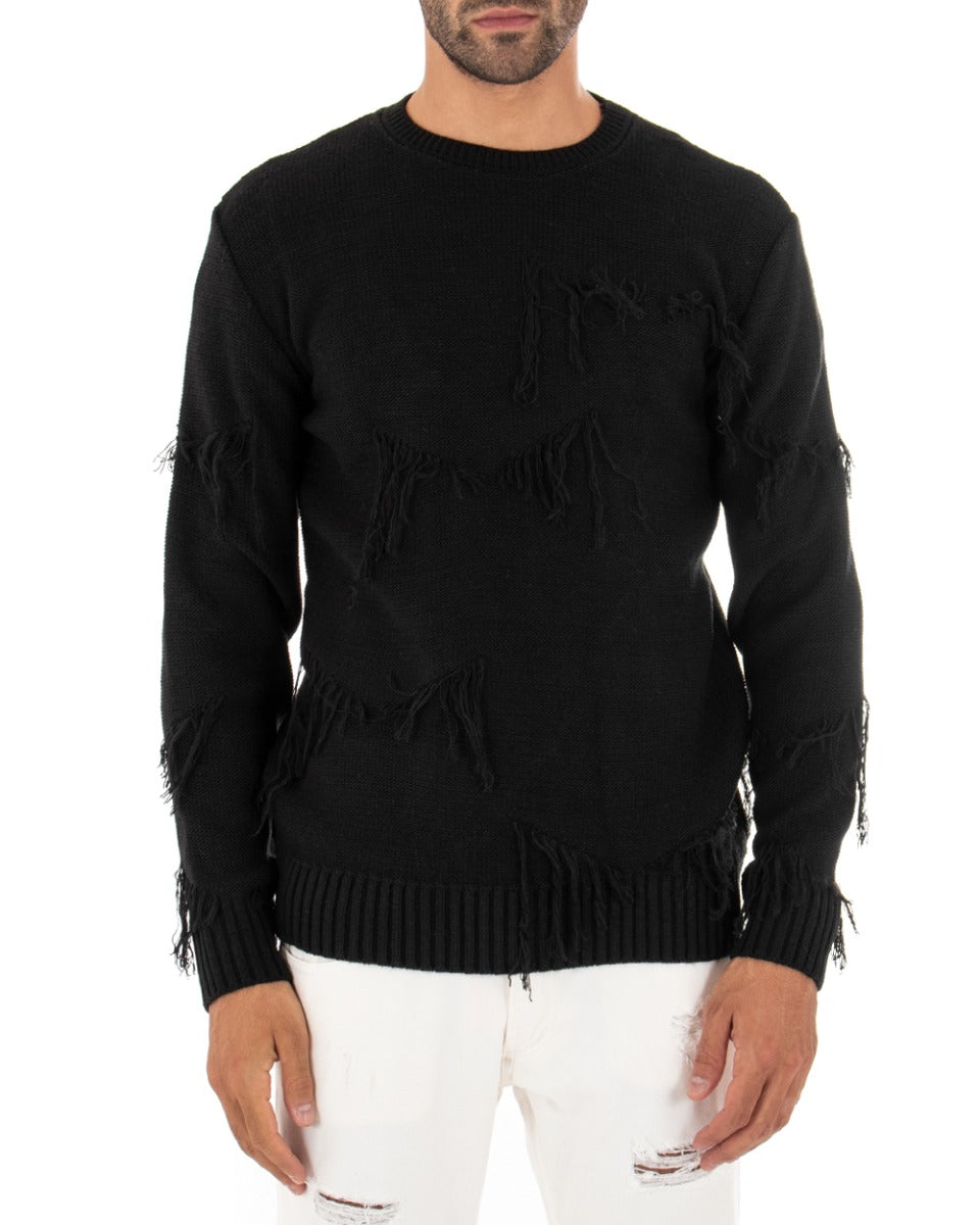 Maglioncino Uomo Girocollo Tinta Unita Nero Maglia Basic Con Frange GIOSAL-M2259A