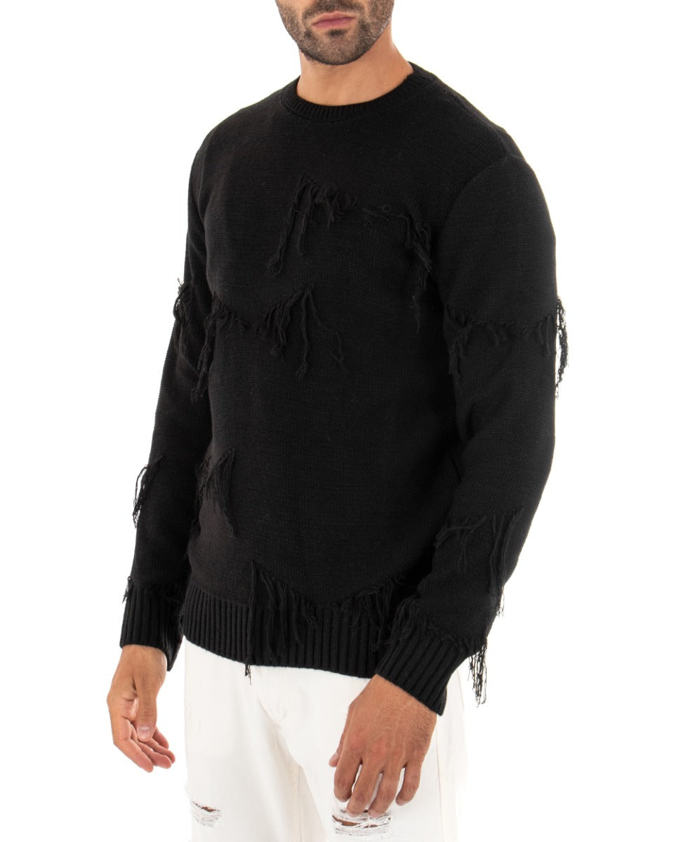Maglioncino Uomo Girocollo Tinta Unita Nero Maglia Basic Con Frange GIOSAL-M2259A