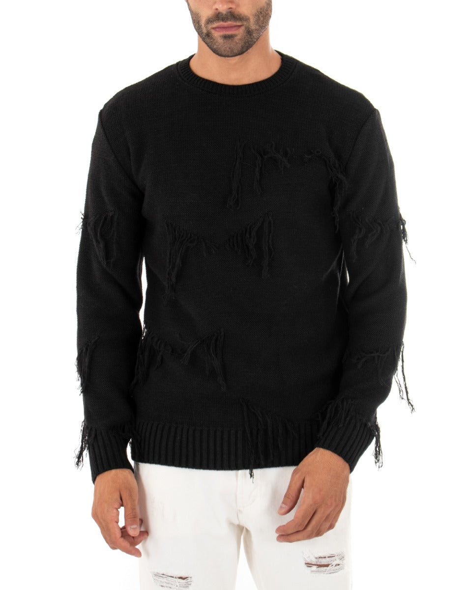 Maglioncino Uomo Girocollo Tinta Unita Nero Maglia Basic Con Frange GIOSAL-M2259A