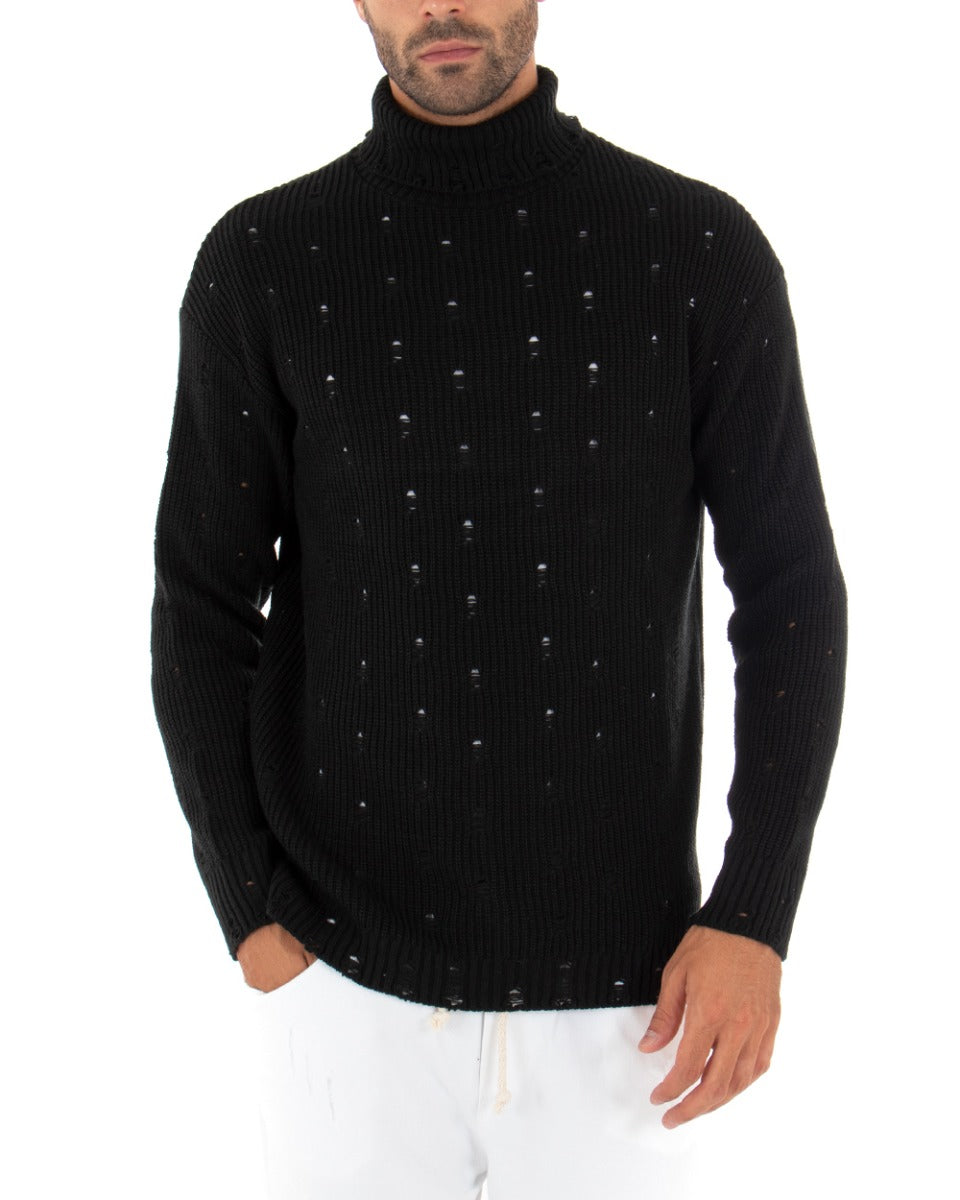 Maglioncino Uomo Collo Alto Tinta Unita Nero Maglia Dolcevita Con Rotture GIOSAL-M2290A