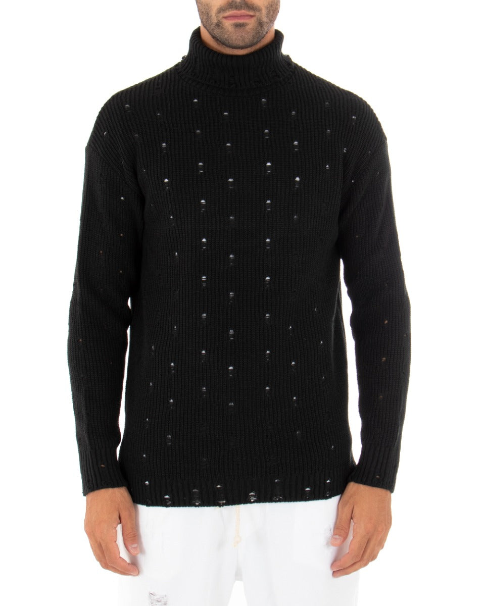 Maglioncino Uomo Collo Alto Tinta Unita Nero Maglia Dolcevita Con Rotture GIOSAL-M2290A