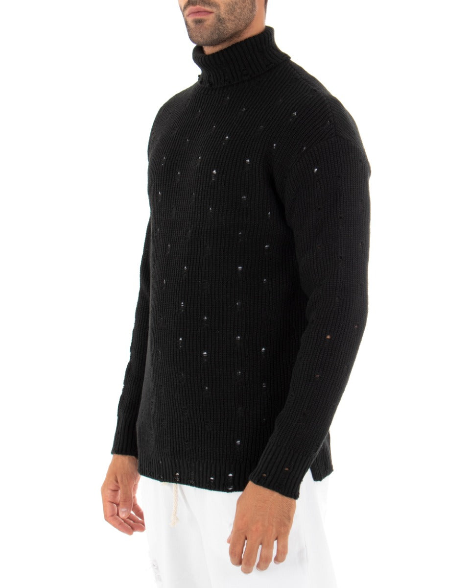 Maglioncino Uomo Collo Alto Tinta Unita Nero Maglia Dolcevita Con Rotture GIOSAL-M2290A