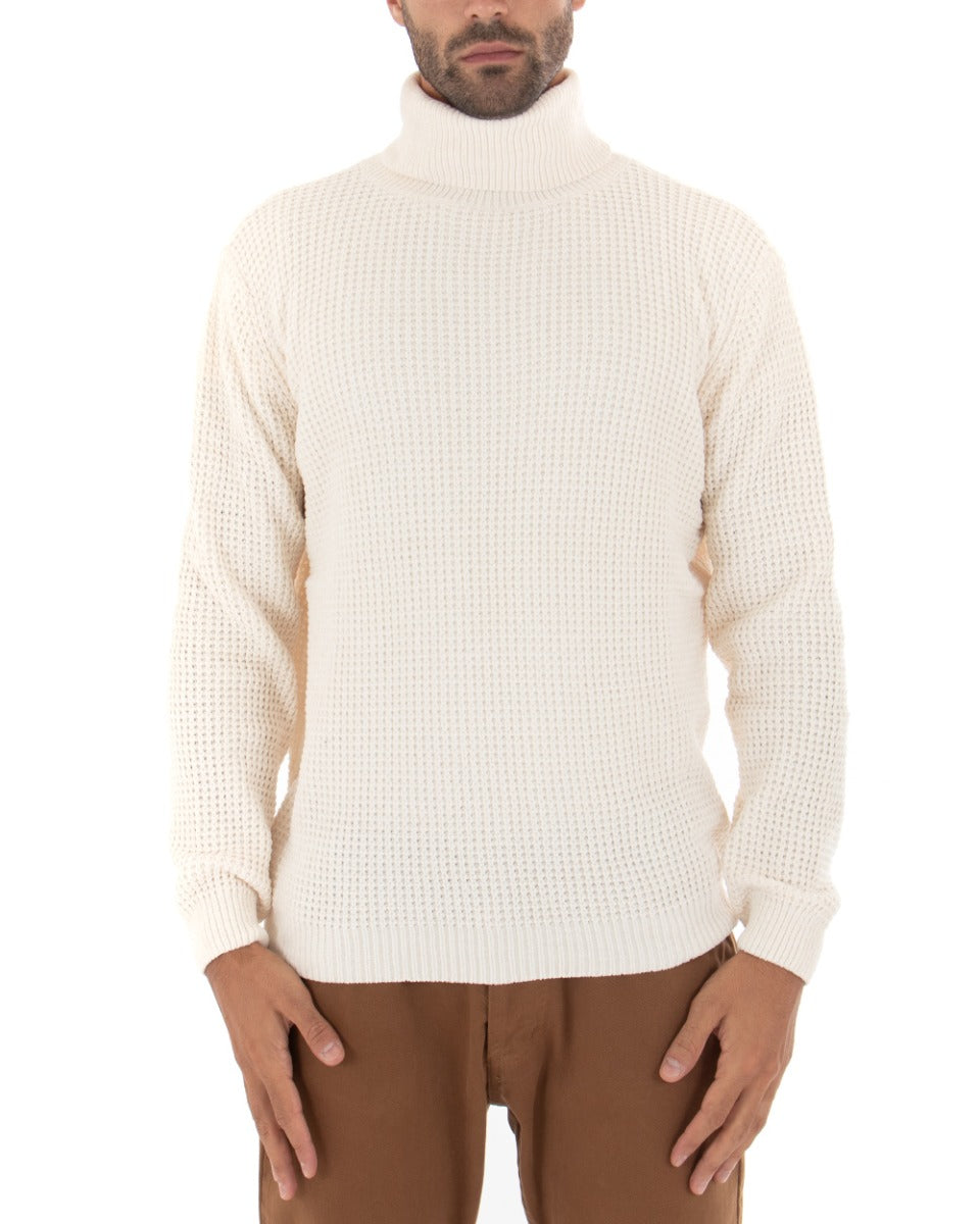 Maglioncino Uomo Ciniglia Collo Alto Pullover Caldo Maglia Maniche Lunghe Lavorata Dolcevita Casual Panna GIOSAL-M2303A