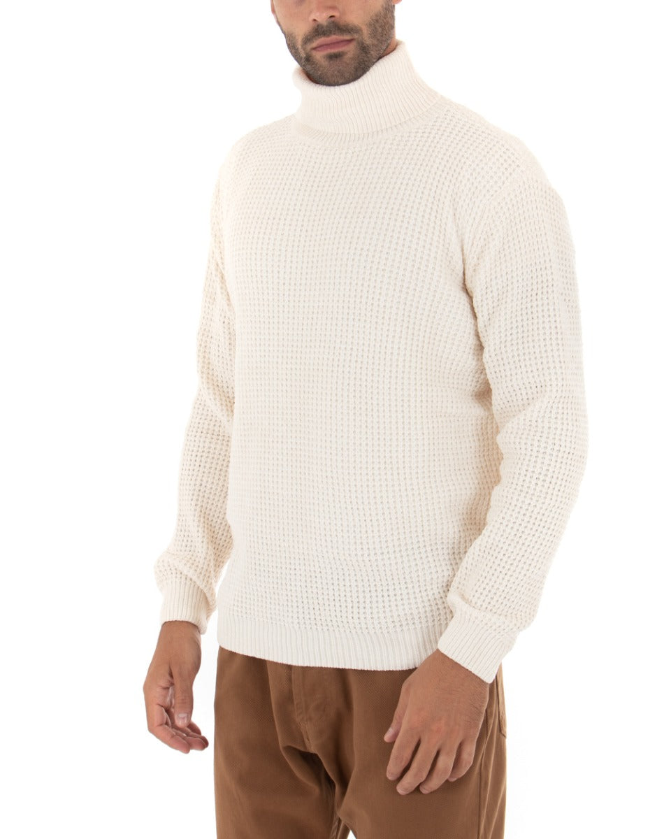 Maglioncino Uomo Ciniglia Collo Alto Pullover Caldo Maglia Maniche Lunghe Lavorata Dolcevita Casual Panna GIOSAL-M2303A