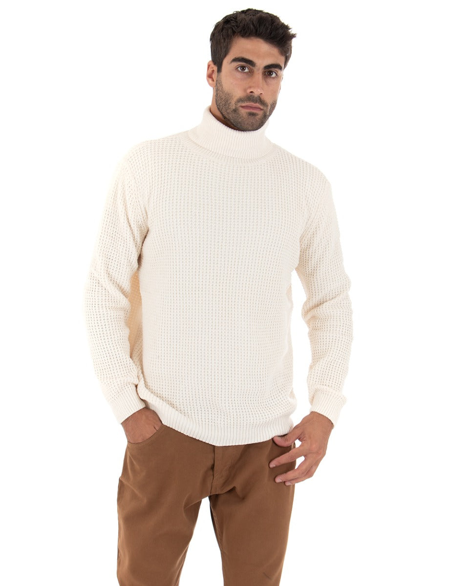 Maglioncino Uomo Ciniglia Collo Alto Pullover Caldo Maglia Maniche Lunghe Lavorata Dolcevita Casual Panna GIOSAL-M2303A