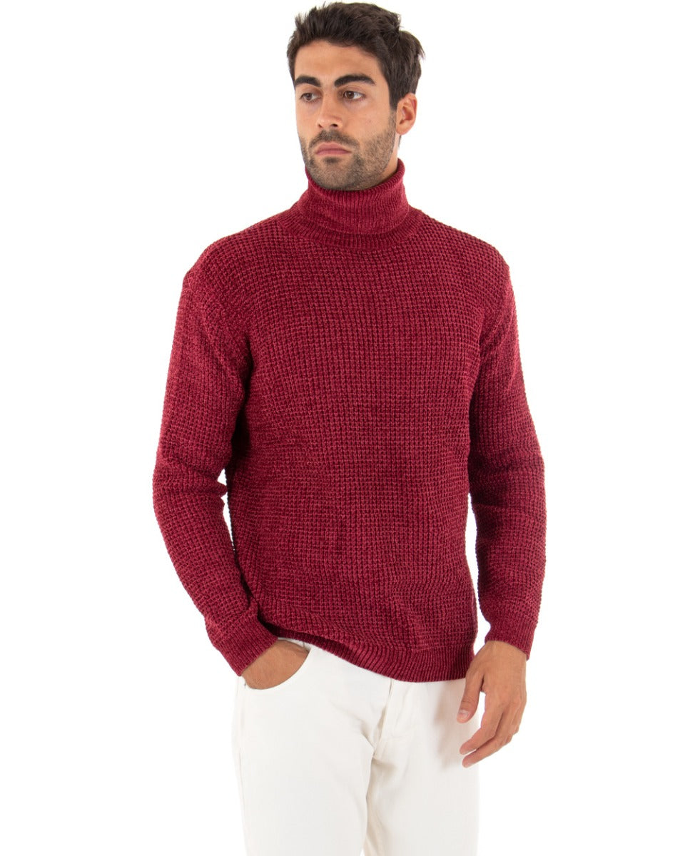Maglioncino Uomo Ciniglia Collo Alto Pullover Caldo Maglia Maniche Lunghe Lavorata Dolcevita Casual Bordeaux GIOSAL-M2307A